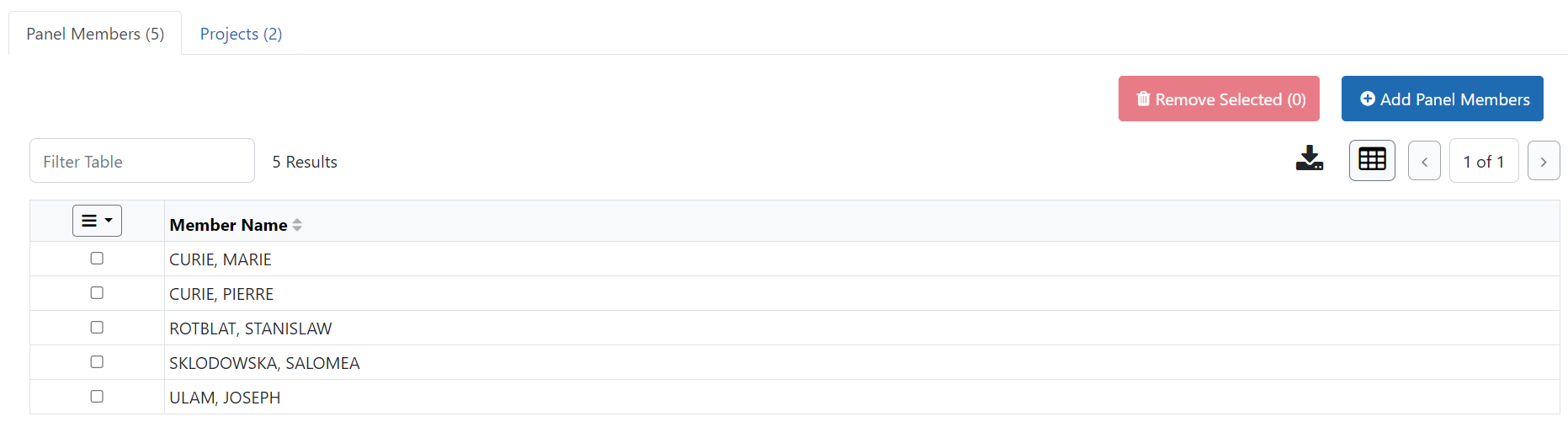 Panel Members tab