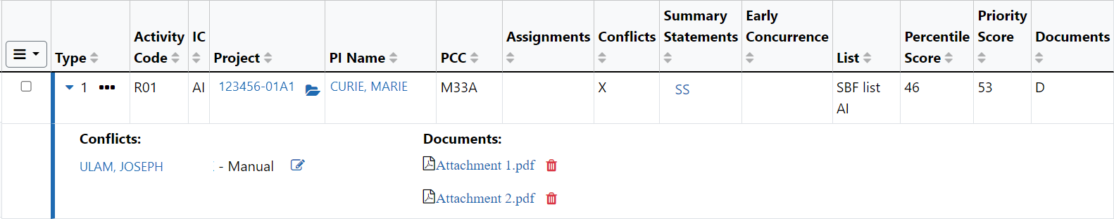 Project details displayed, including early concurrence panels, conflicts, and documents