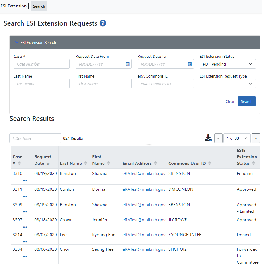 screenshot of the Search ESIE Requests screen with populated hitlist