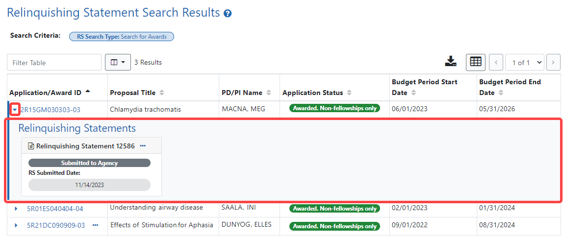 Click the triangle at the beginning of a table row to show more information about the record