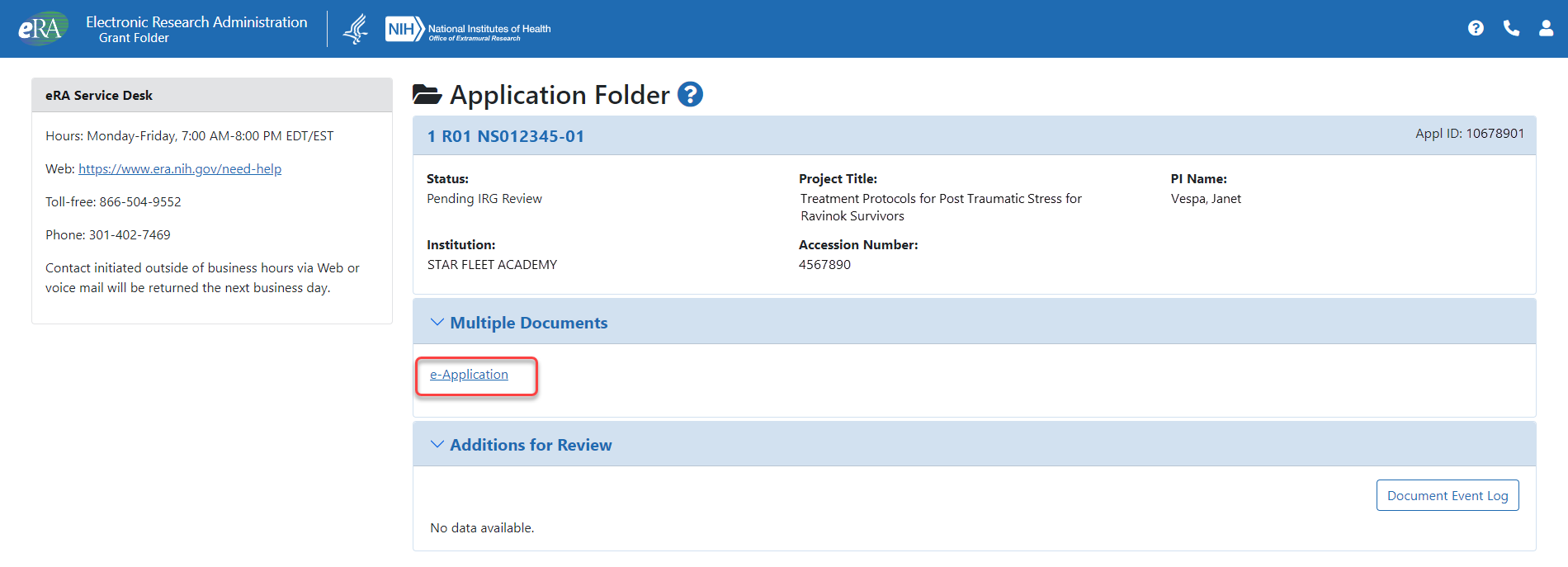e-Application link inside Grant Folder