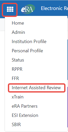 Select Internet Assisted Review from the Apps menu in upper left of landing page.
