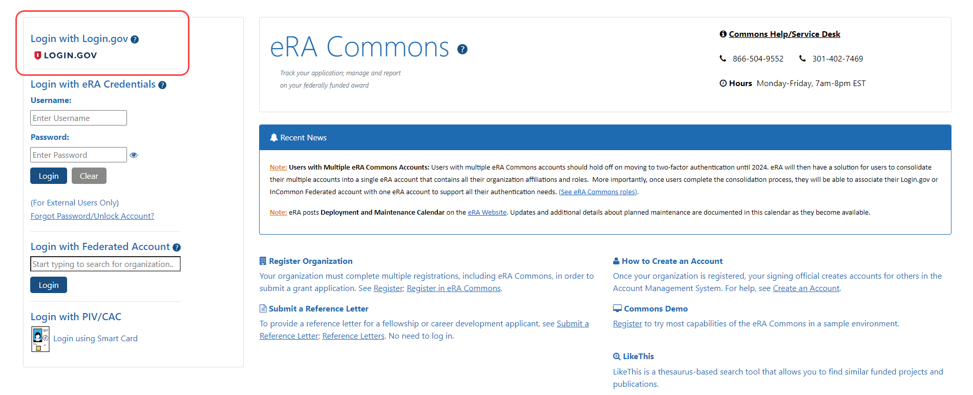 eRA Commons (IAR) login screen showing the Login.gov link