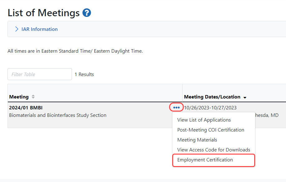 List of Meetings screen showing the options, including Employment Certification, under the three-dot ellipsis icon