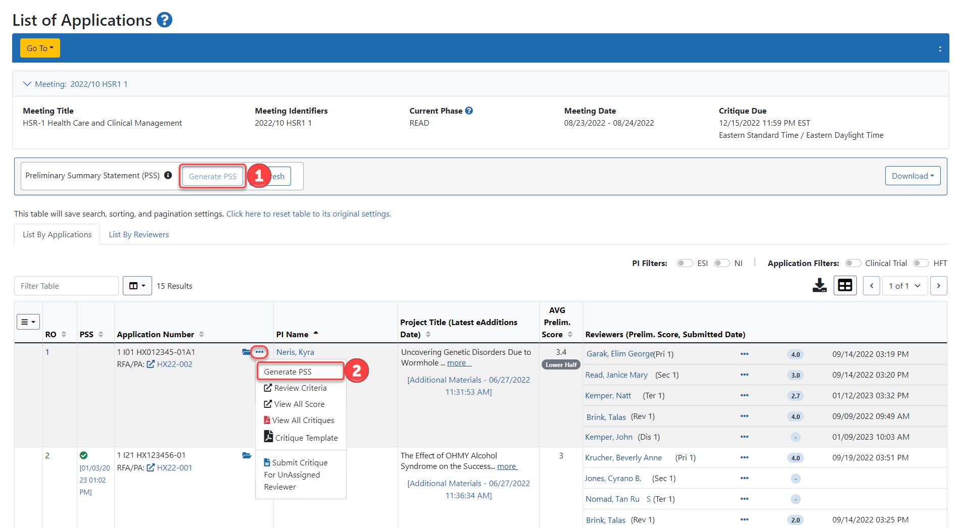 List of Meeting screen showing the two ways to generate a PSS