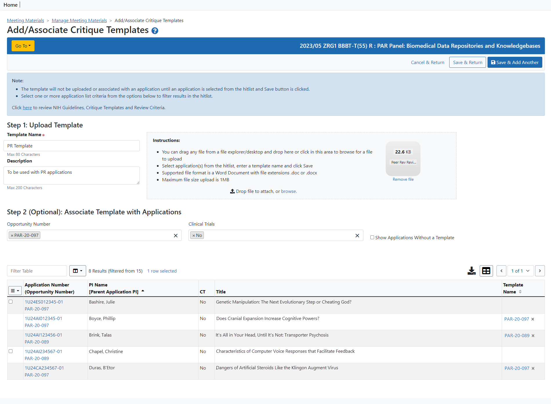 Add/Associate Critique Templates screen