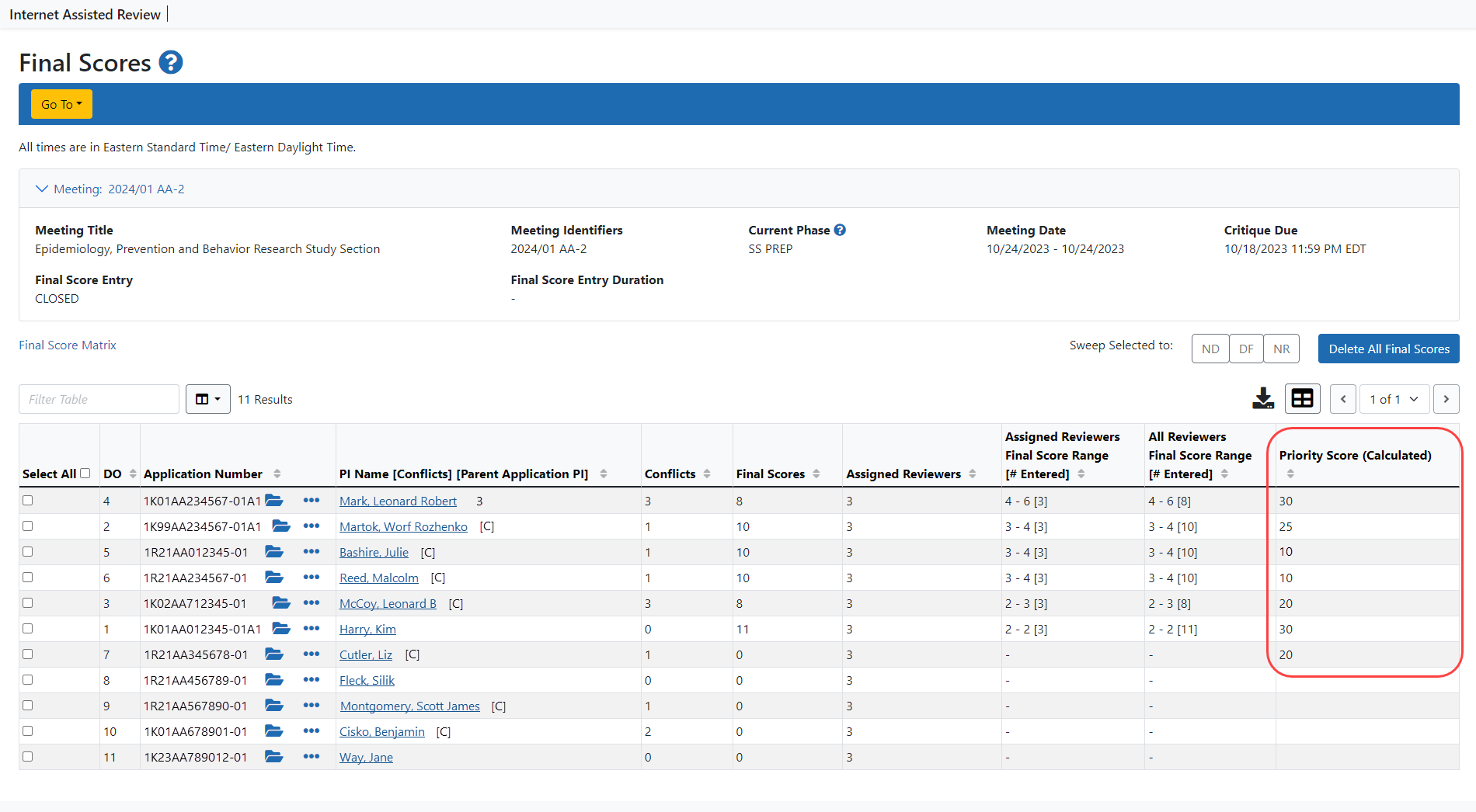 Final Scores screen showing the updated Priority Score (Calculated) column