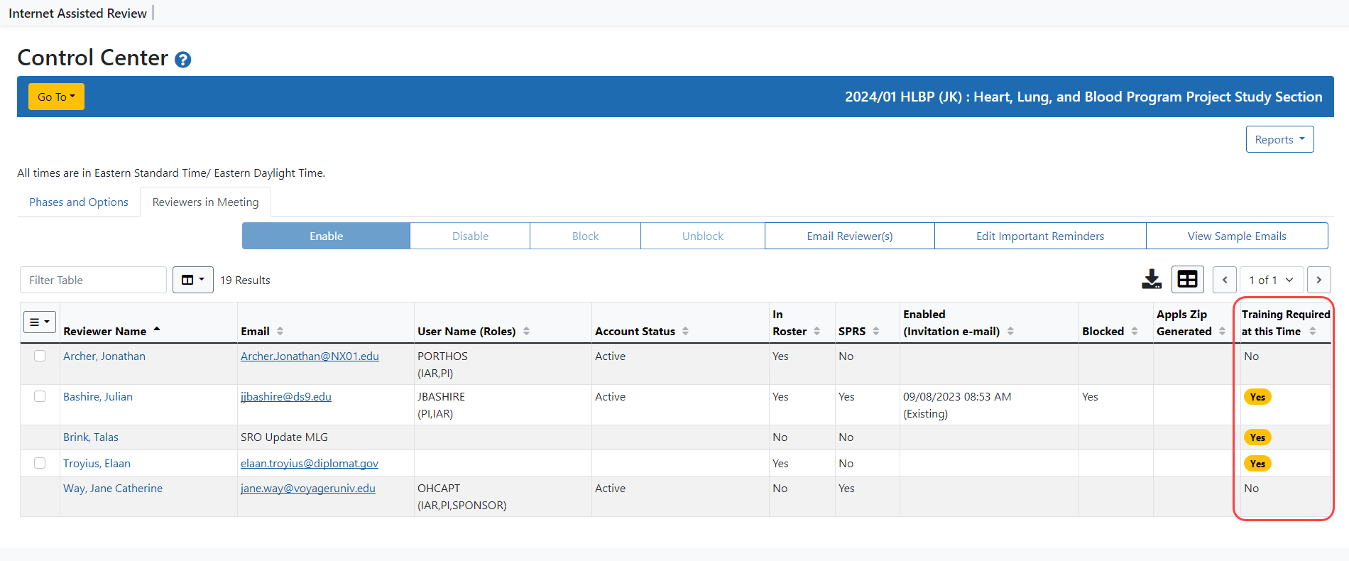 The Control Center screen showing the status of review training in the Training Required column