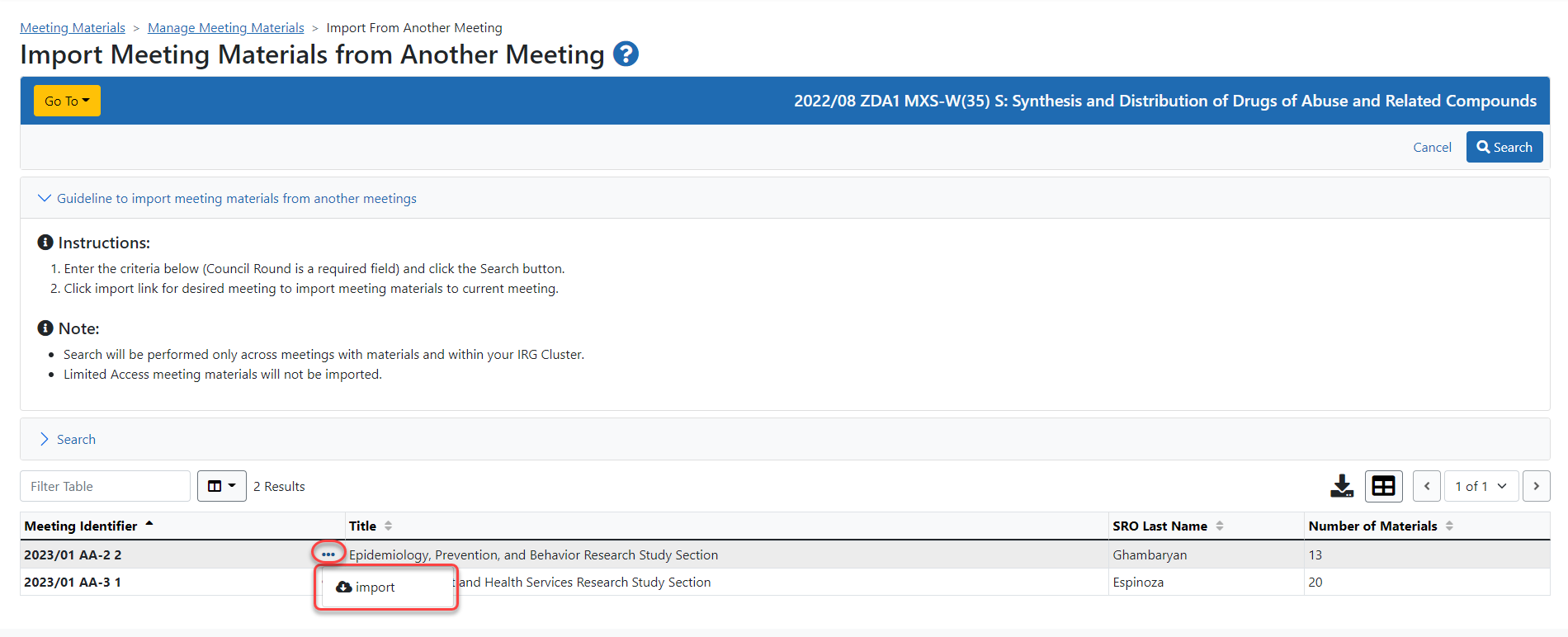 Import Meeting Materials from Another Meeting screen showing search results and the Import action option.