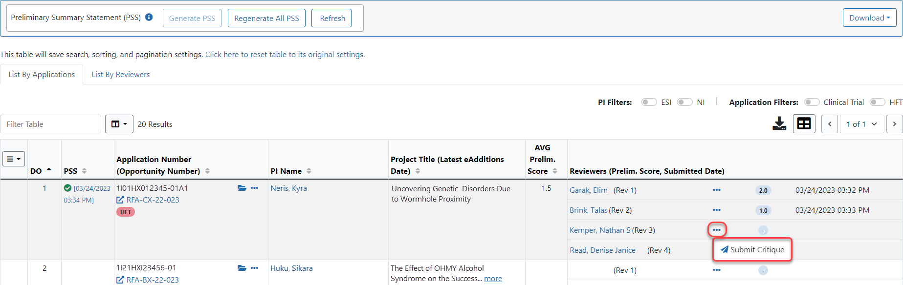 Portion of List of All Applications highlighting the Submit link Portion of List of All Applications highlighting the Submit link.