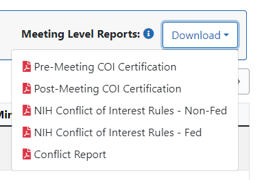 Download options for COI Certification reports