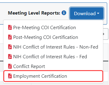 Download Meeting Level Reports button showing the Employment Cerification option