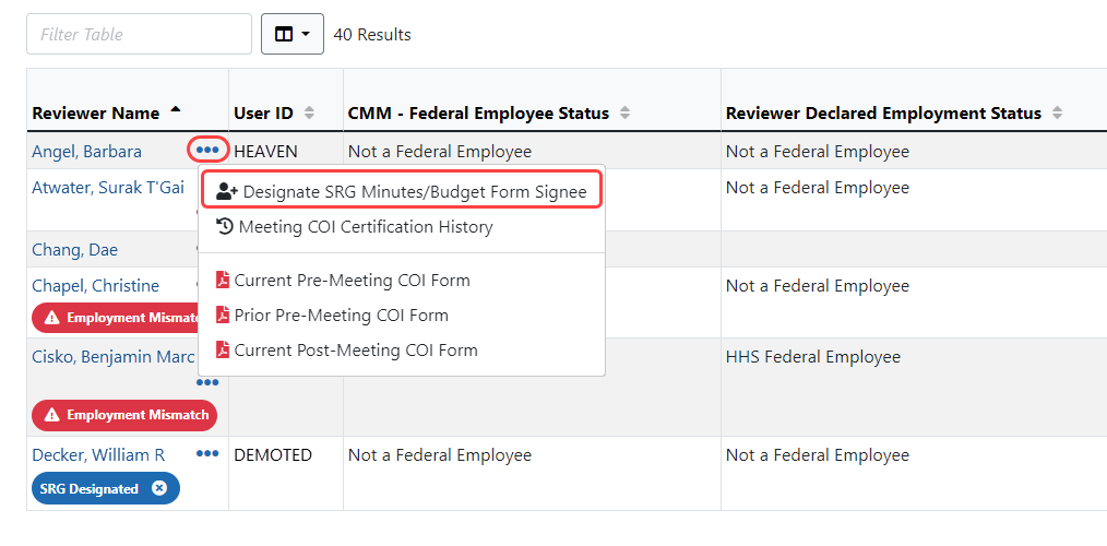 Track Conflict of Interest Certifications screen showing three-dot ellipsis icon with the Designate SRG Minutes/Budget Form Signee option