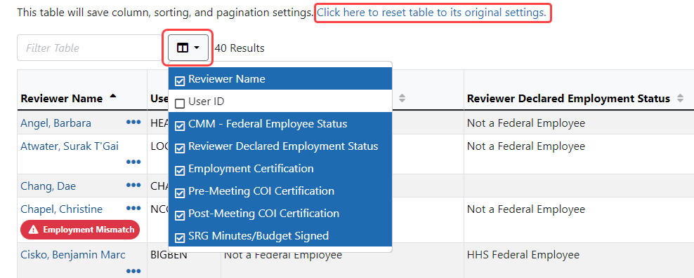 The column picker menu on the Track COI screen and the link to reset the table to the original settings