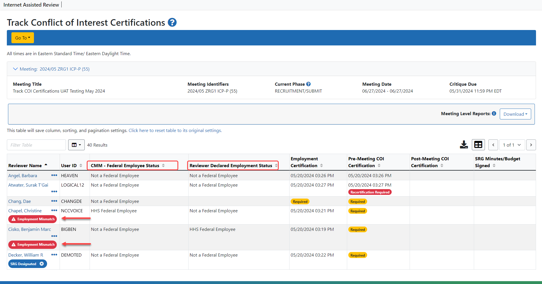 The Track COI Certifications screen showing the ‘CMM -- Federal Employee Status’ column and the ‘Employment Mismatch’ red badge 