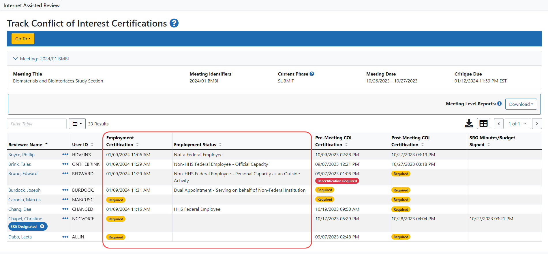 Track Conflict of Interest Certifications screen showing the Employment Certification and Employment Status columns