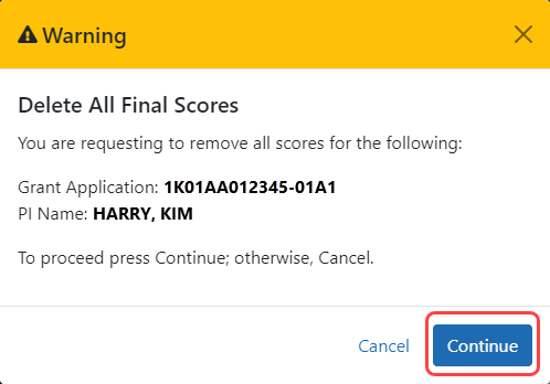 Confirmation for deleting all scores for single application