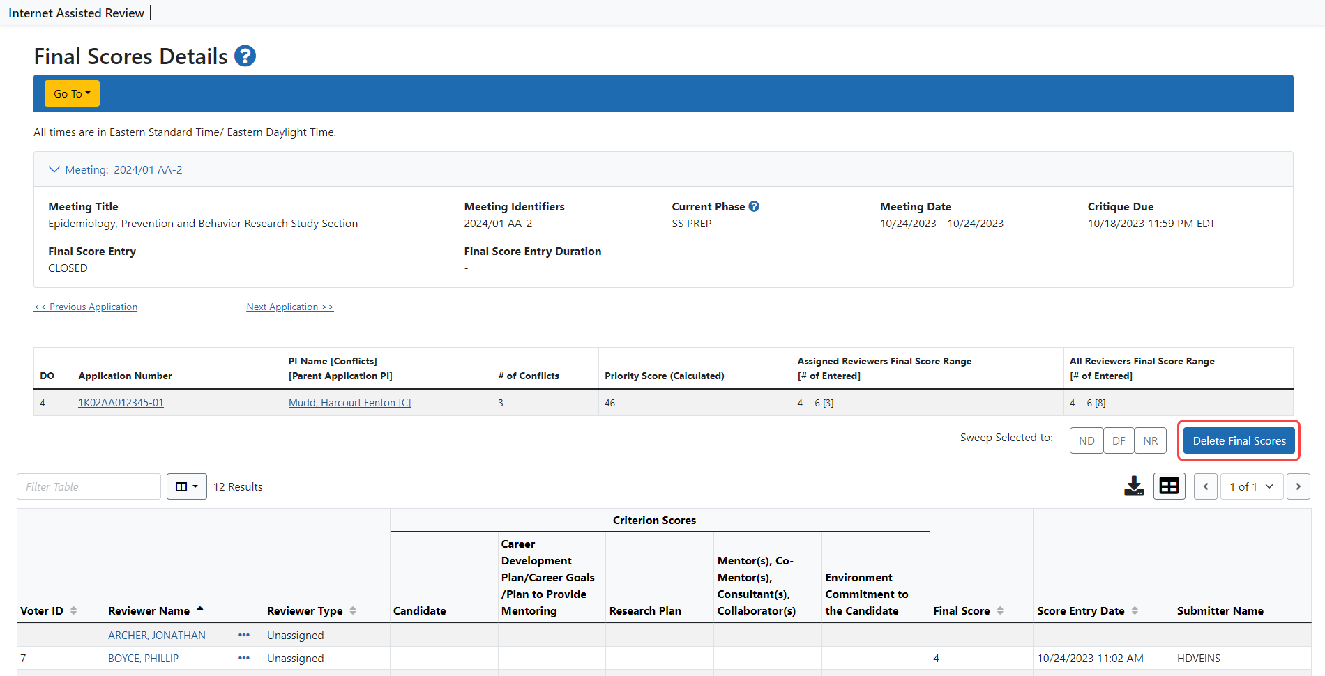 Delete Final Scores button - individual application on Final Scores Details screen