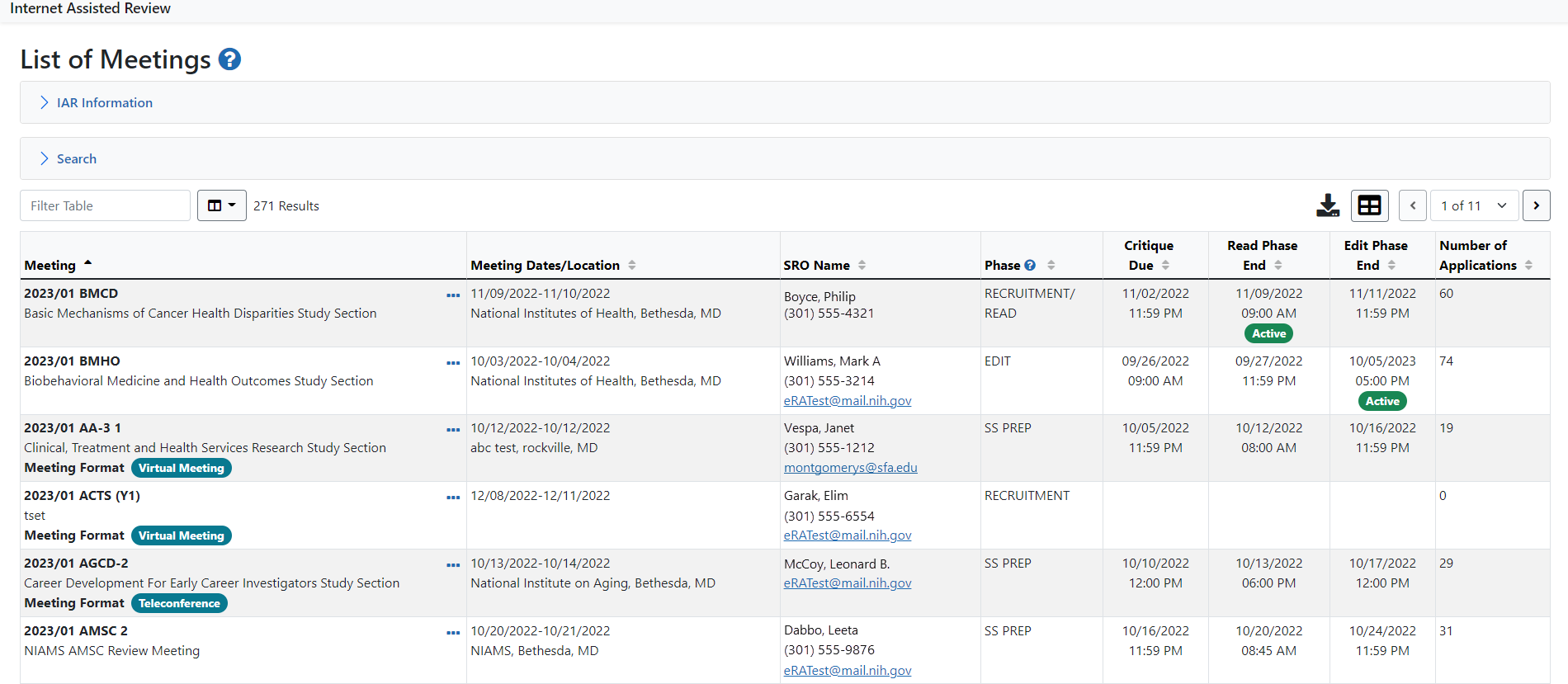 Sample List of Meetings screen