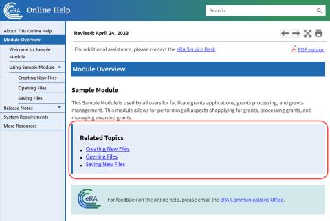 Online help showing a Related Topics section