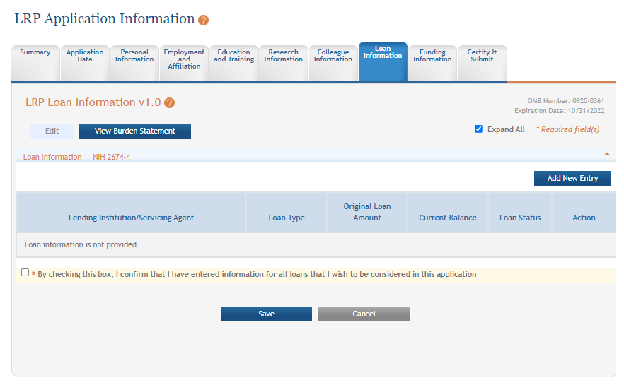 Loan Information screen of LRP application