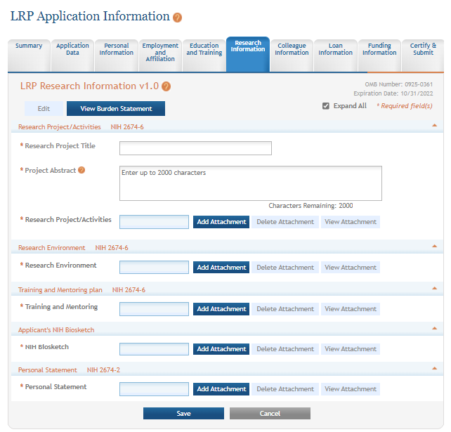 Research Information screen of LRP application