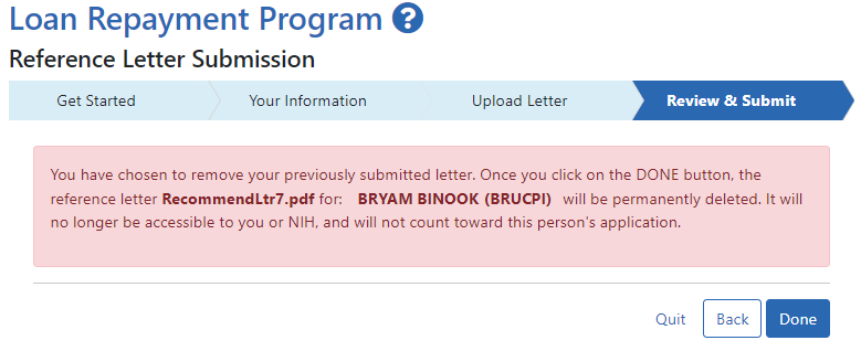 Remove Reference Letter Confirmation, showing a pink warning message that the letter will be deleted