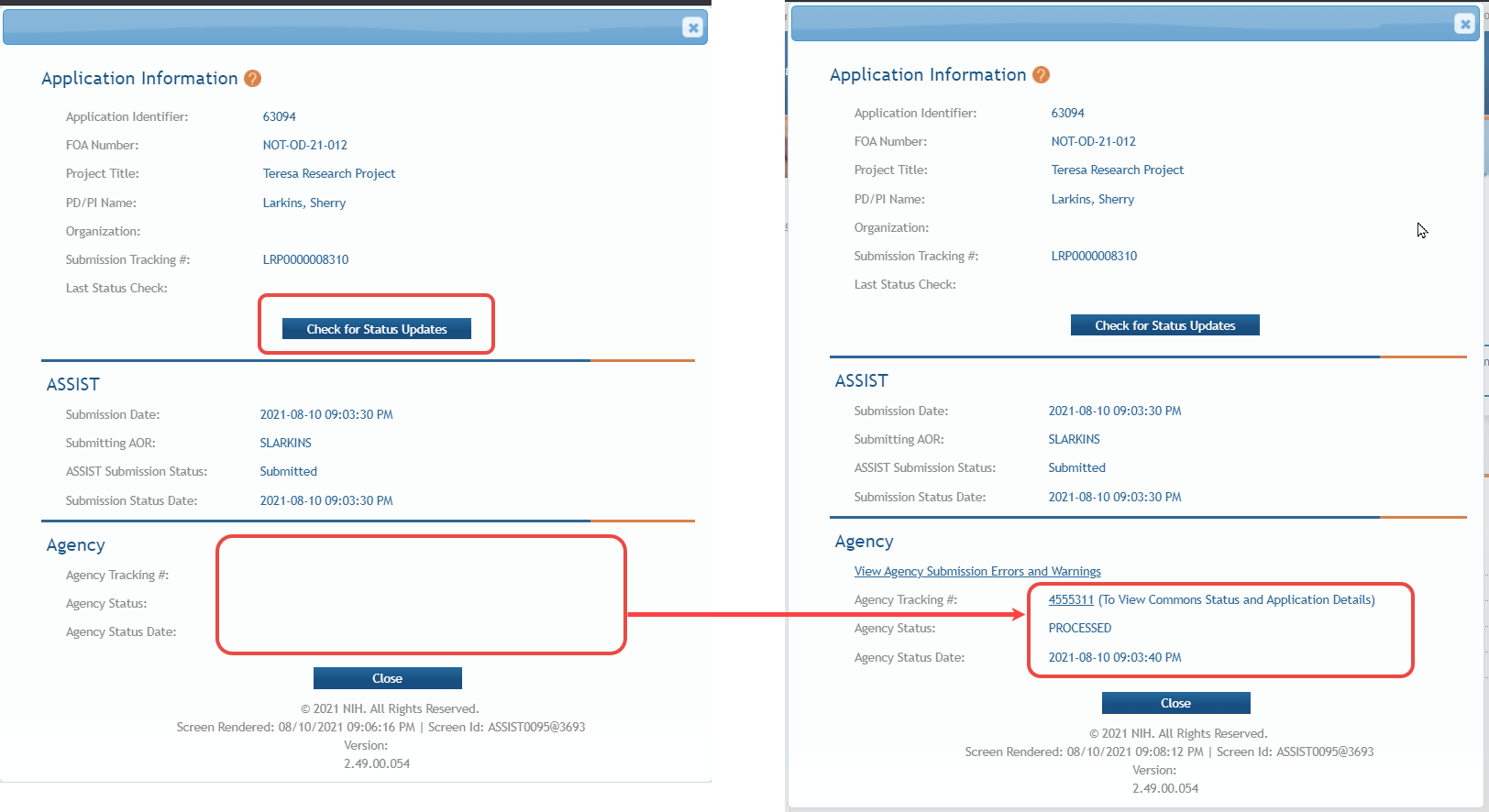 Application Information popup after submitting application.