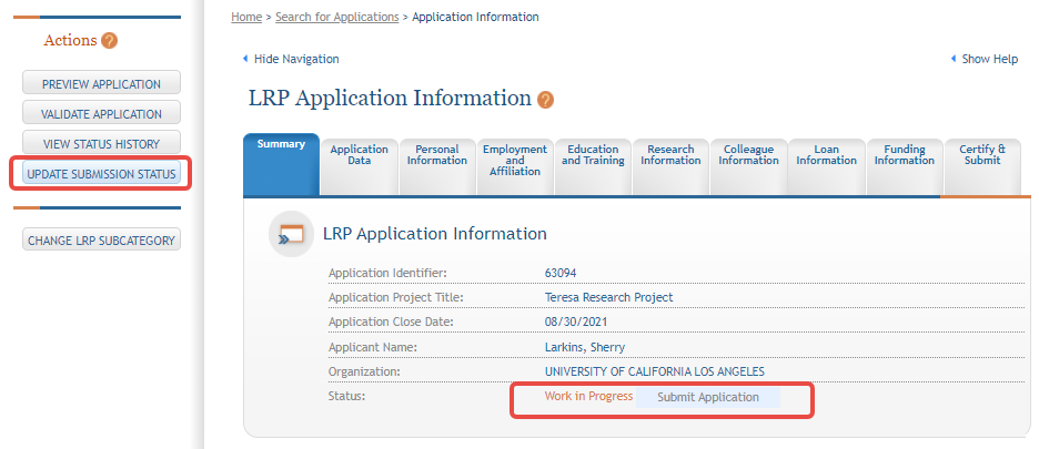 Click the Update Submission Status button to enable the Submit Application button