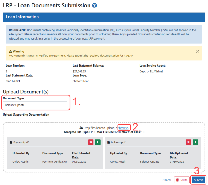 LRP Loan Documents Submission screen with document type dropdown outlined in red.