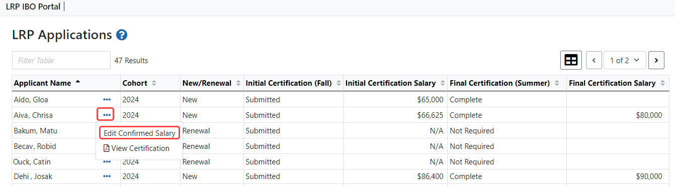 LRP IBO Portal - Edit Confirmed Salary Link under Three-Dot Ellipsis Icon