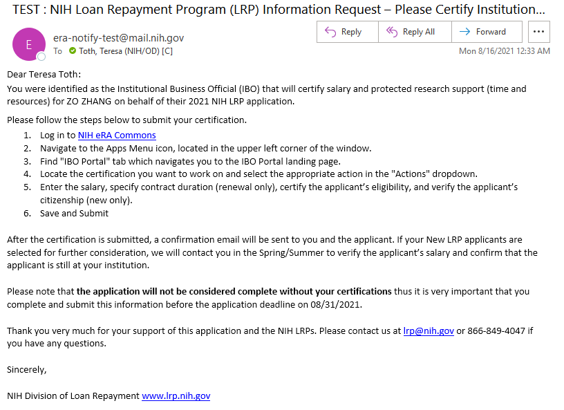 IBO Certify LRP application email
