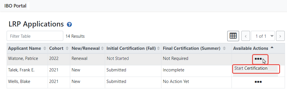 LRP IBO Portal - Start Certification Link under Three-Dot Ellipsis Icon