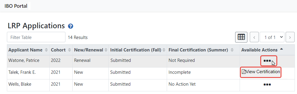 LRP IBO Portal - View Certification Link under Three-Dot Ellipsis Icon