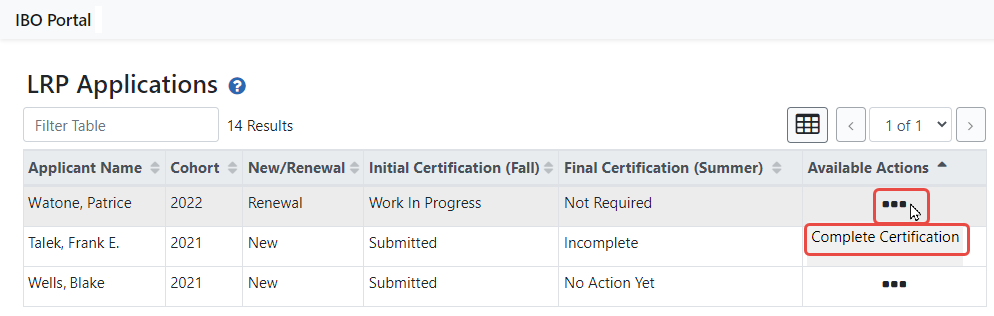 LRP IBO Portal - Complete Certification Link under Three-Dot Ellipsis Icon