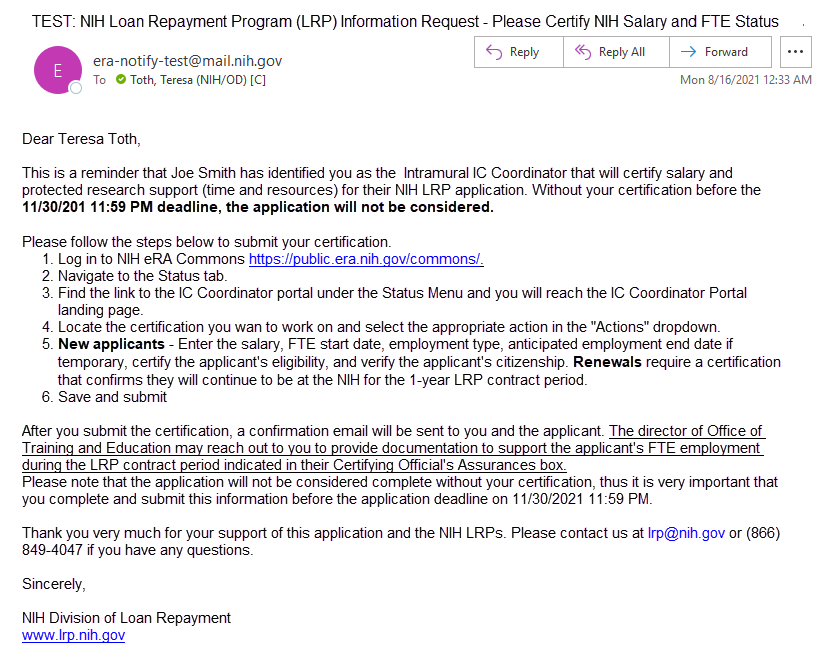 Email received by IC Coordinator prompting certification of LRP applicant