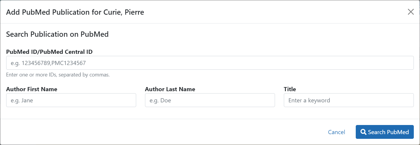 Add PubMed Publication screen