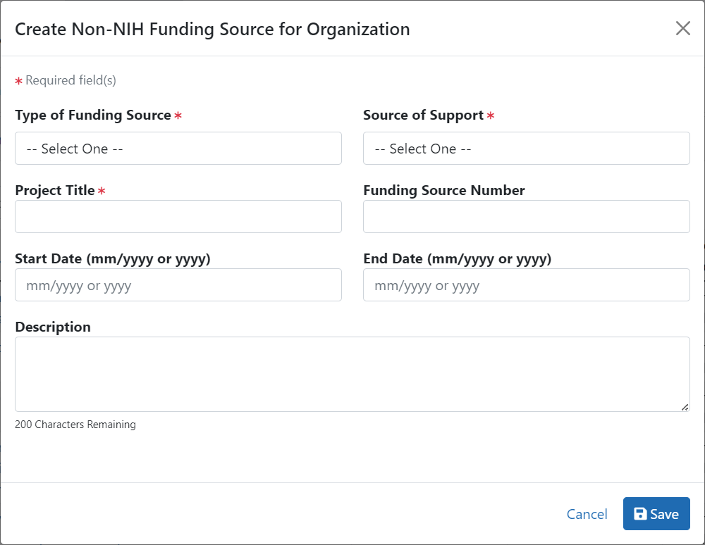 Create Non-NIH Funding Source for Organization