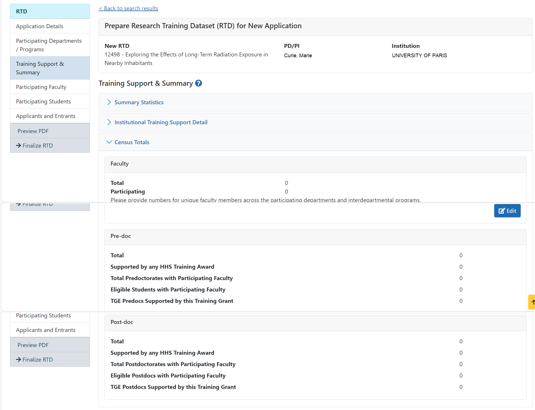 Edit Faculty from Training & Support Summary section