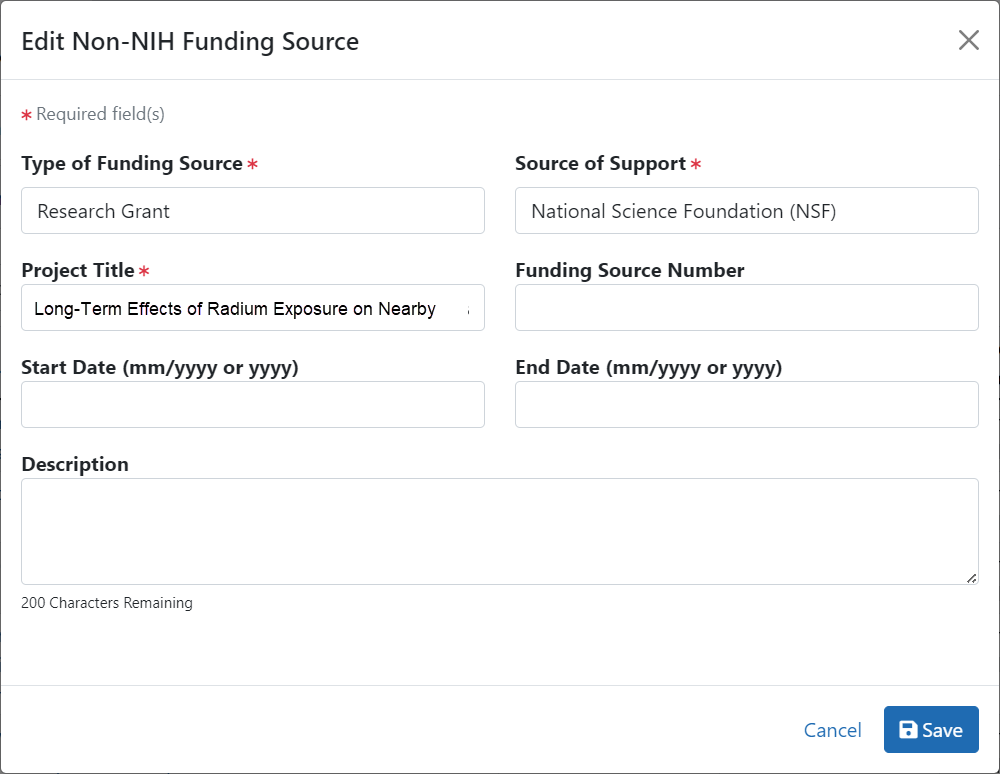 Edit Non-NIH Funding Source screen