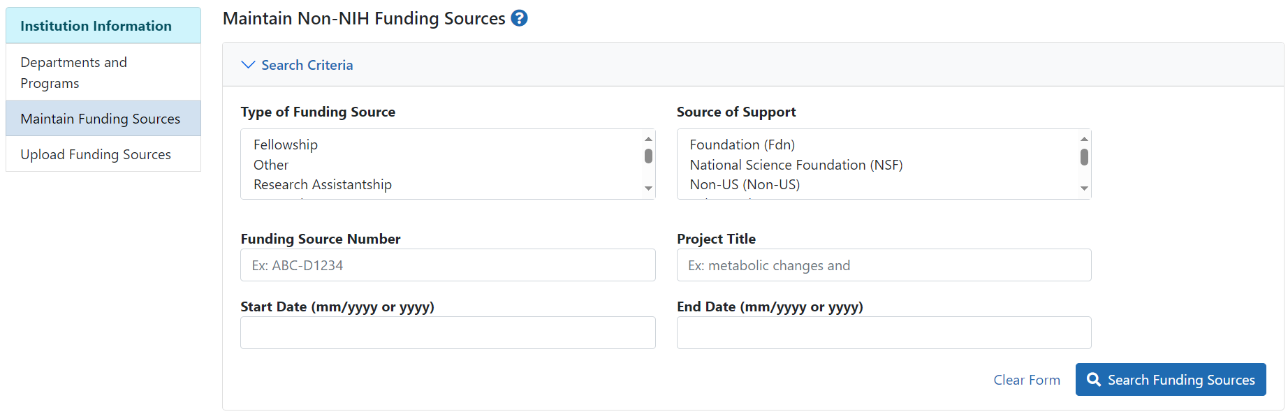 Maintain Non-NIH Funding Sources screen