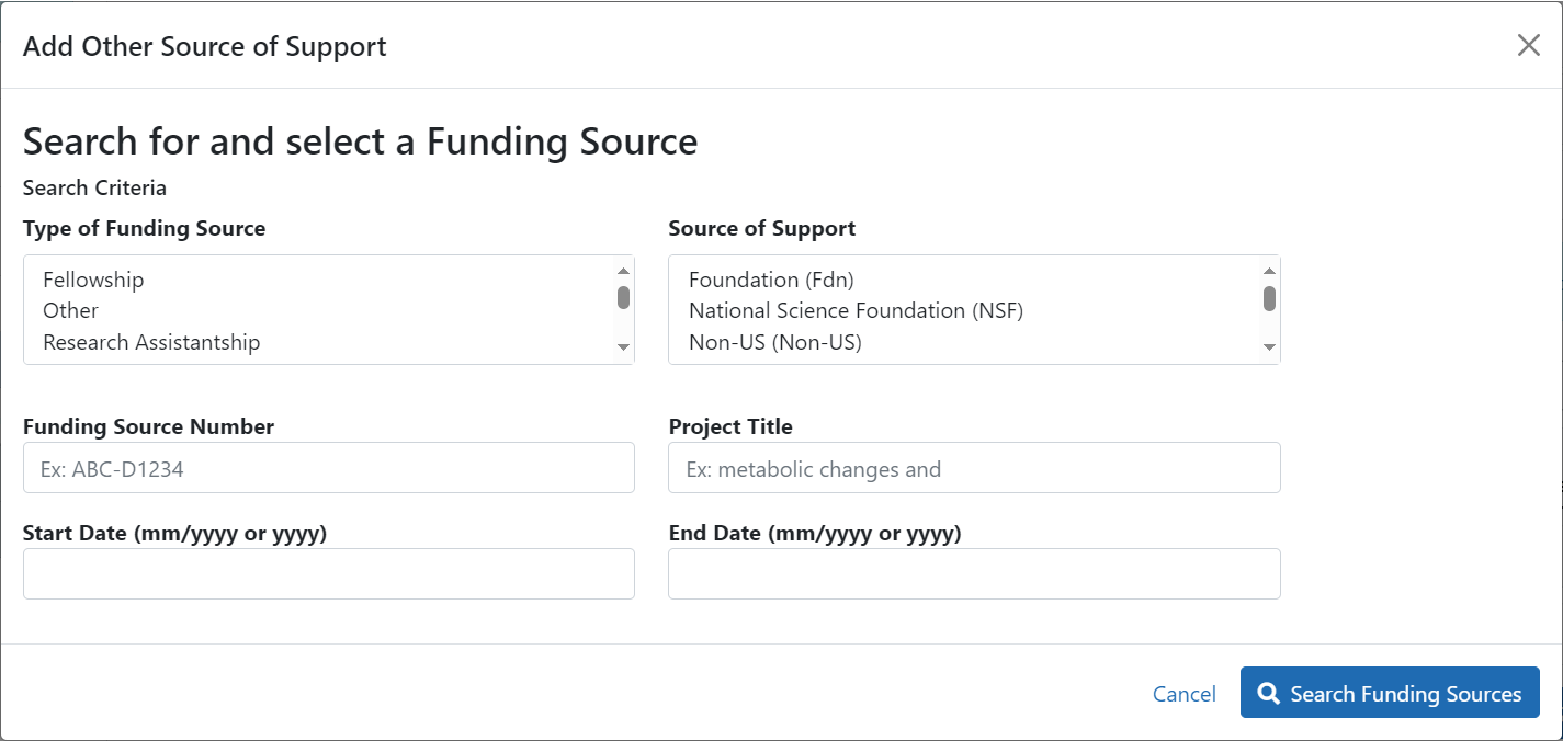 Subsequent Grants Add Other Source of Support screen