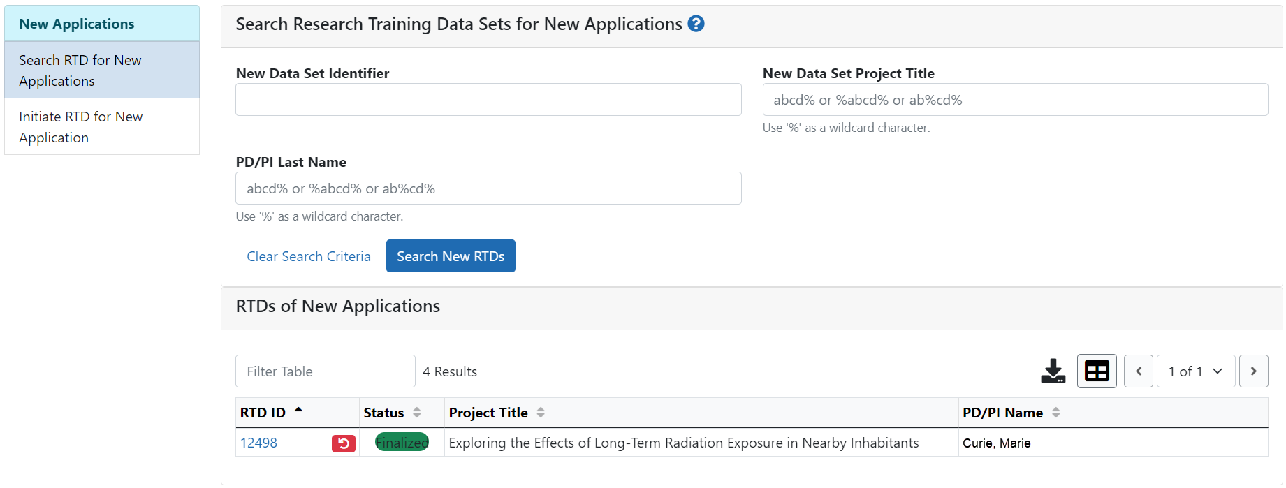 Search RTD for New Applications screen showing finalized RTD