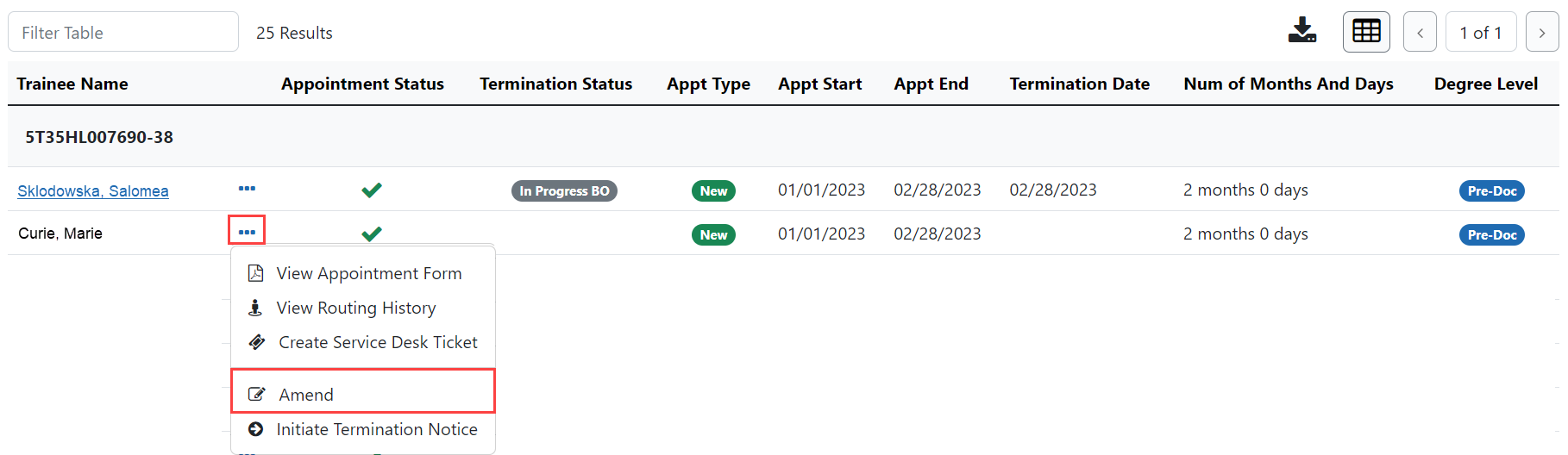 Trainee Roster with Actions and Amend highlighted