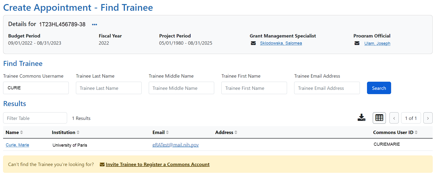 Create Appointment - Find Trainee screen with trainee search results displayed