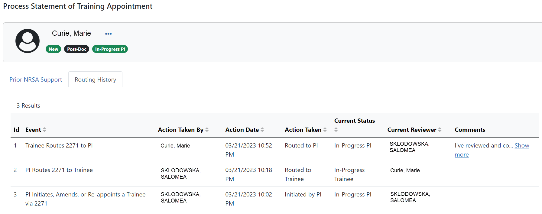 Routing History tab of Appointment Form