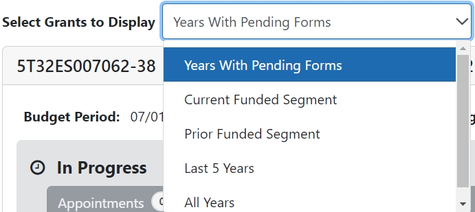 Select Grants to Display drop-down