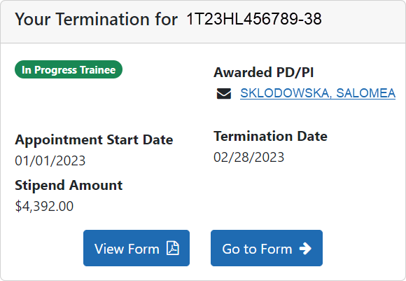 Pending Termination Notice on Trainee Appointment Home screen