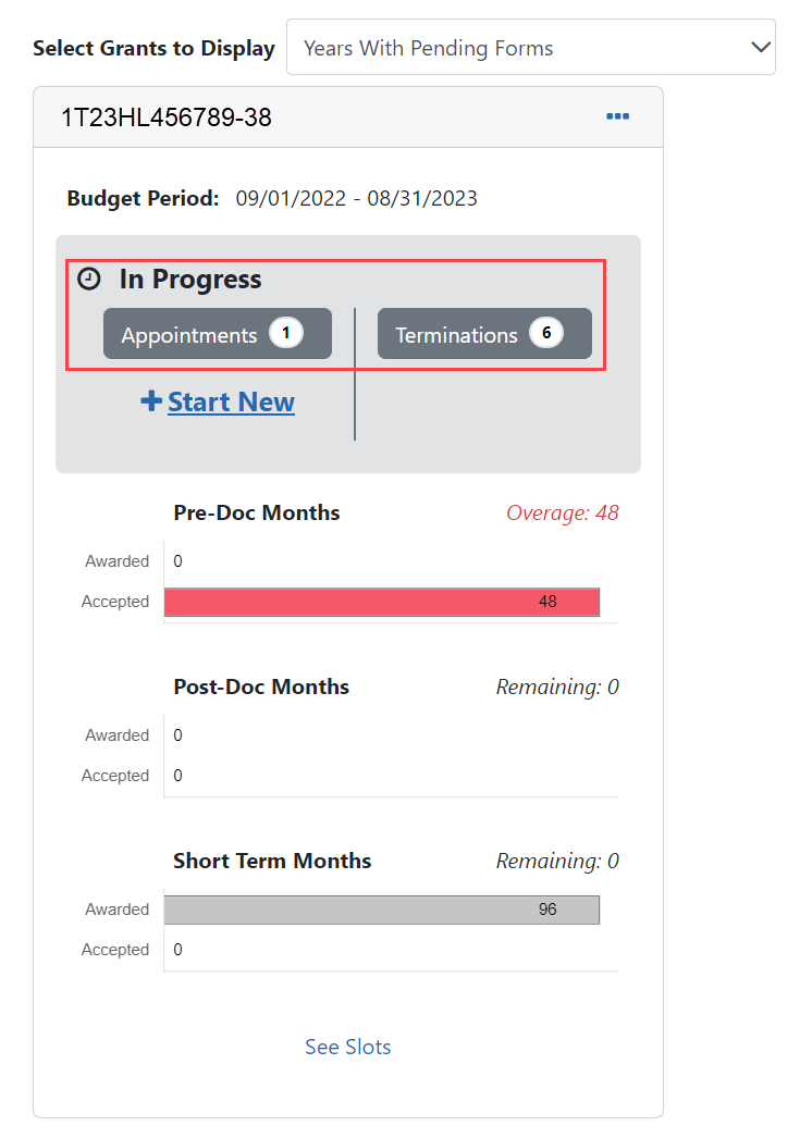 Grant details with the In Progress section highlighted