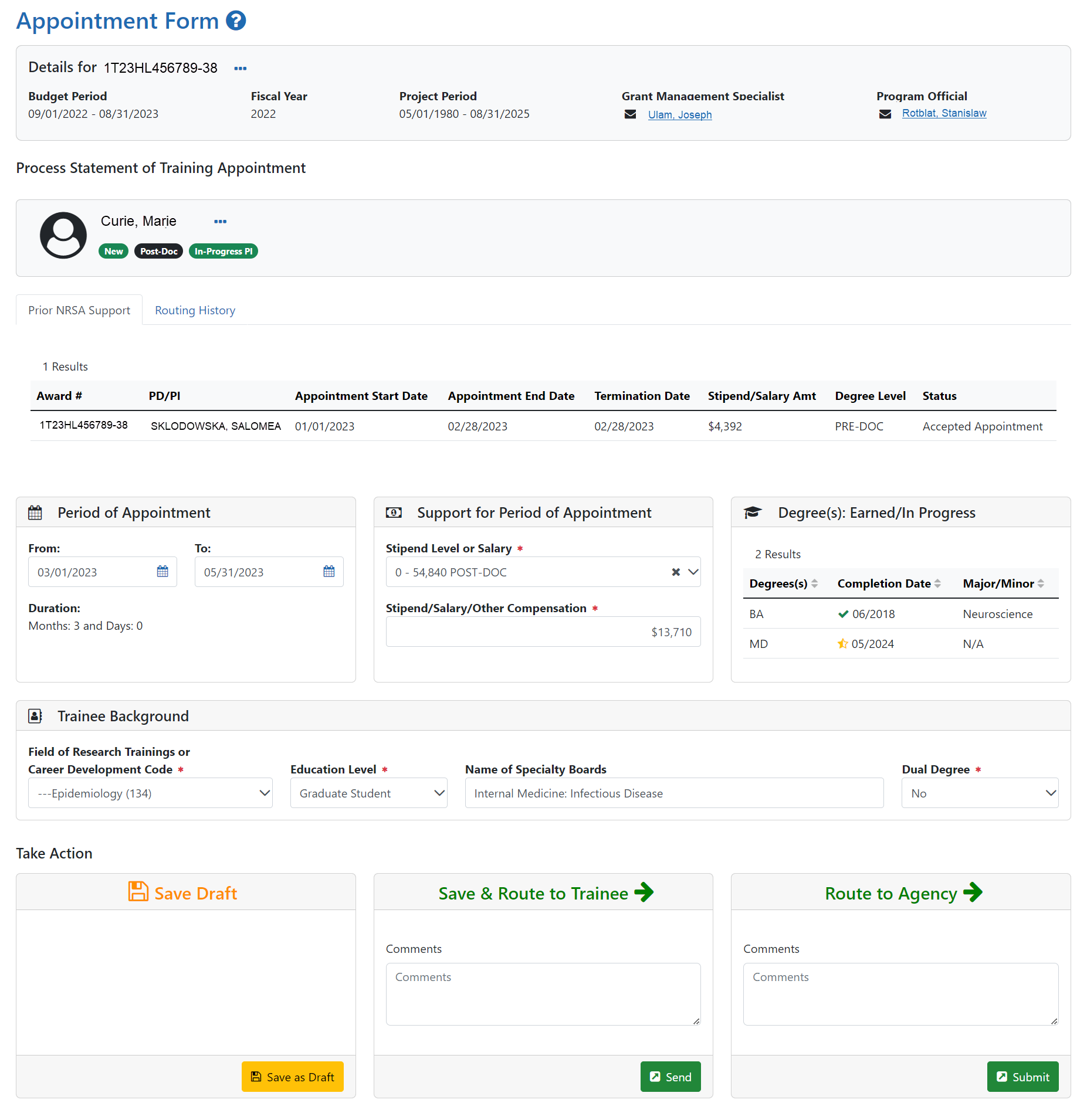 Appointment Form screen for PI processing